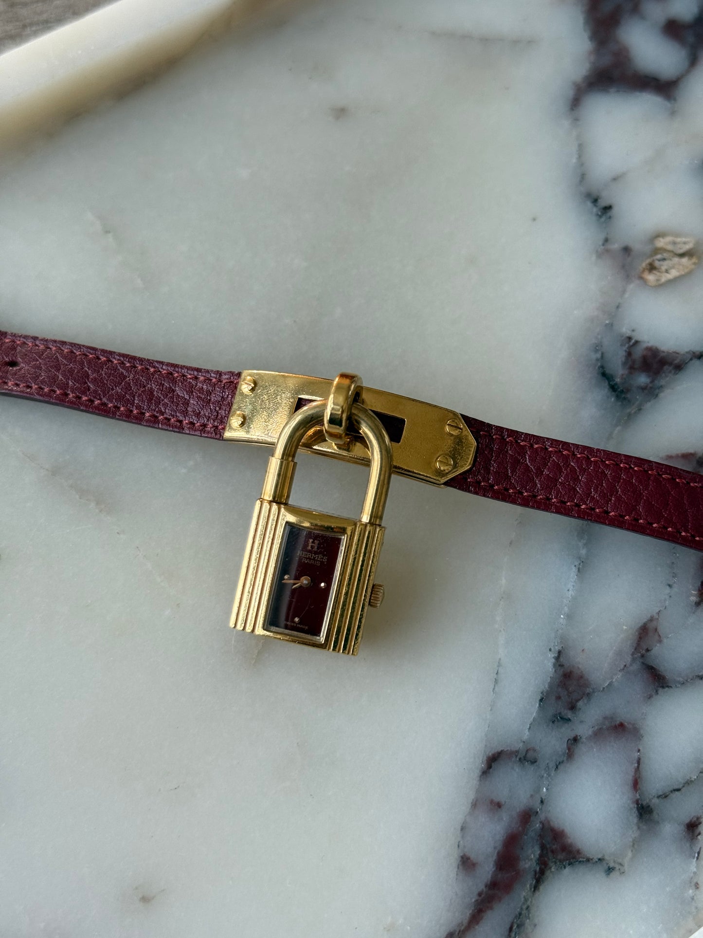 Authentic Vintage 1998 HERMES Kelly Cadena Burgundy Calf Skin Watch