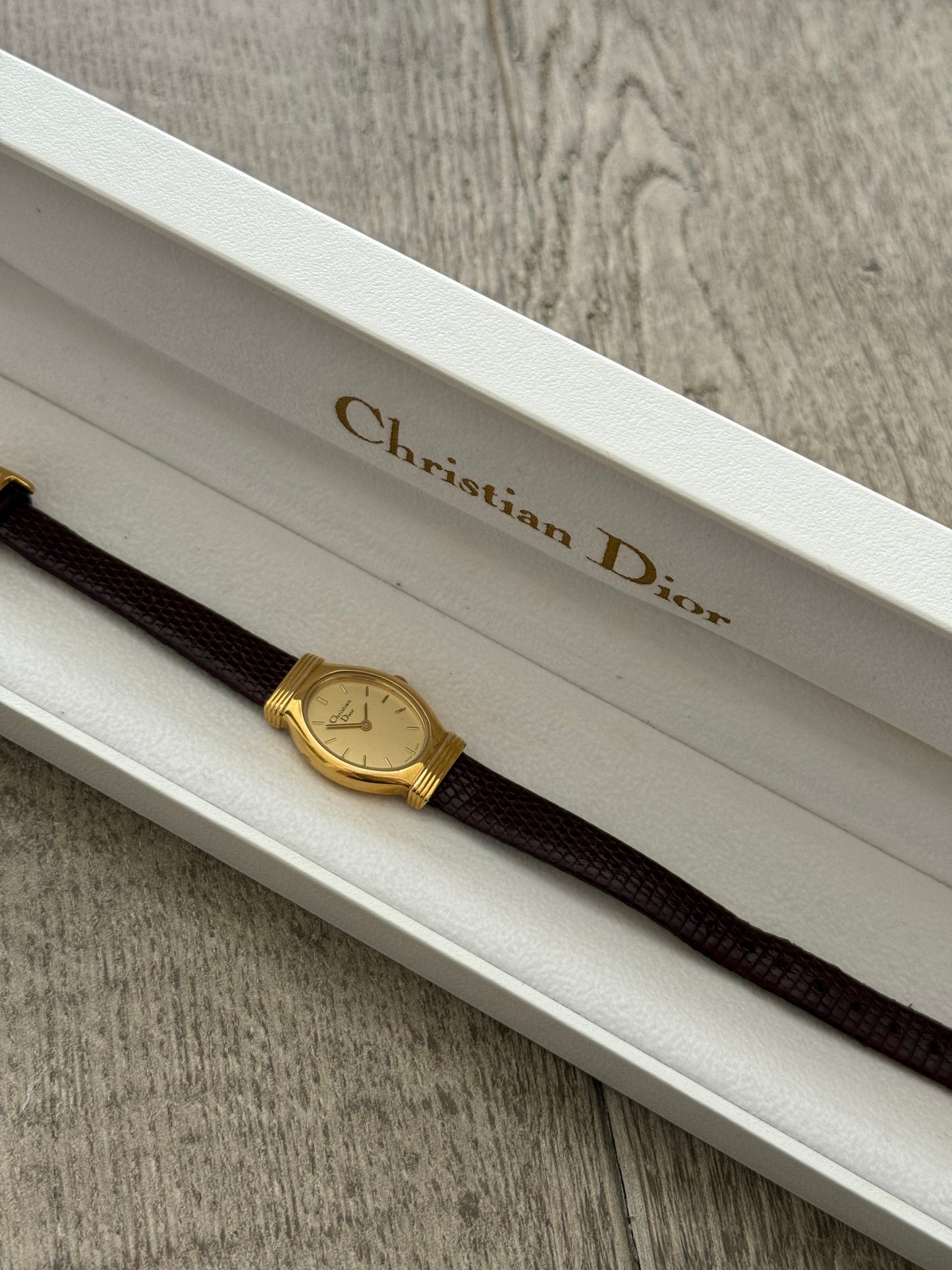 Authentic 1990's Christian Dior Brown Leather Strap Watch