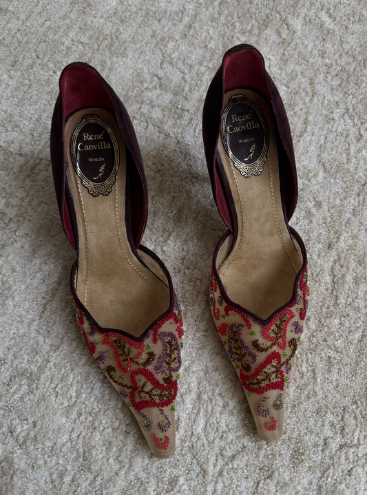 Rene Caovilla Velvet & Embroidered Pumps Size 38 IT