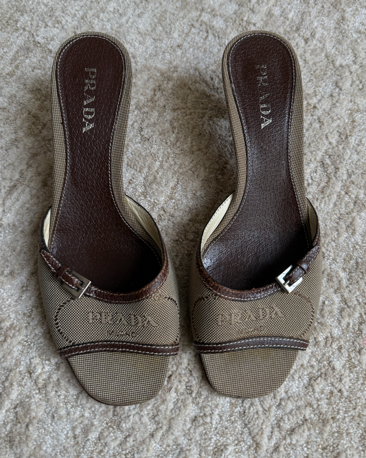 Prada Brown Canvas Logo Kitten Heels Size 37