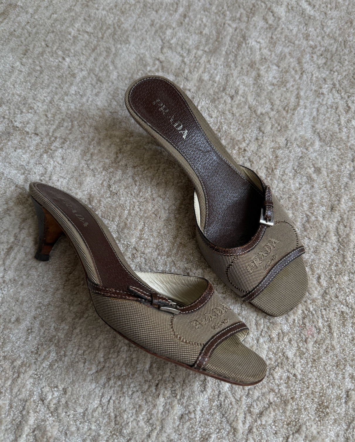 Prada Brown Canvas Logo Kitten Heels Size 37