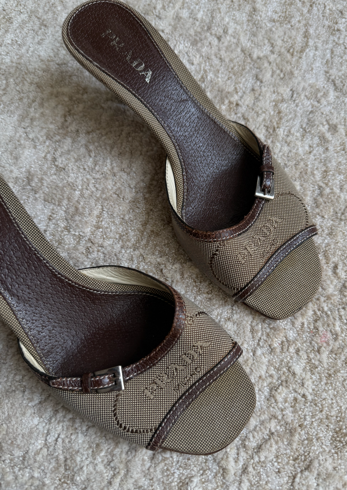 Prada Brown Canvas Logo Kitten Heels Size 37