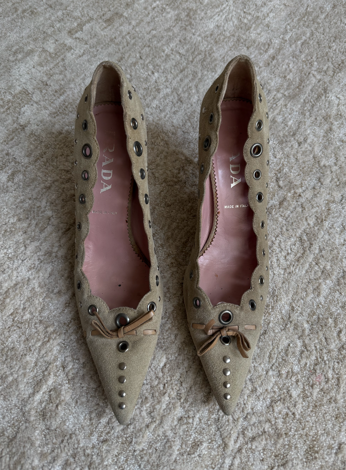 Iconic Prada Suede Eyelet Bow Grommet Beige Mules Size 37.5
