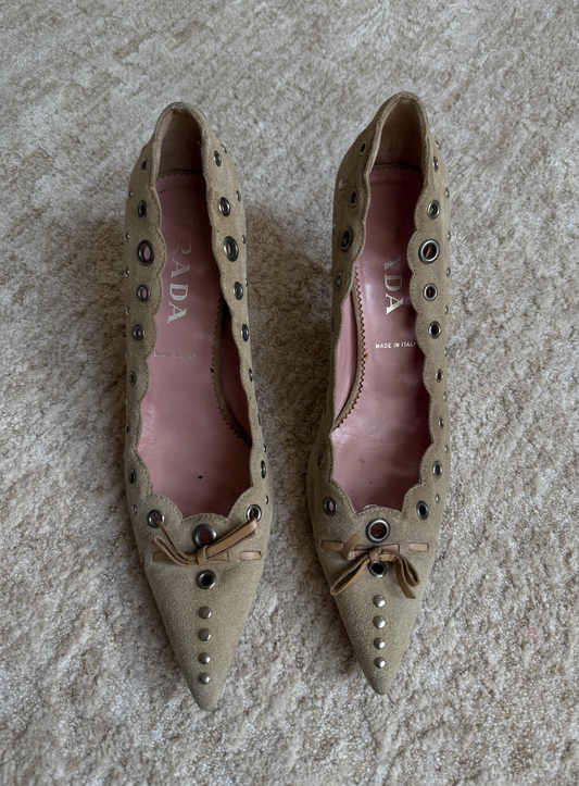 Iconic Prada Suede Eyelet Bow Grommet Beige Mules Size 37.5