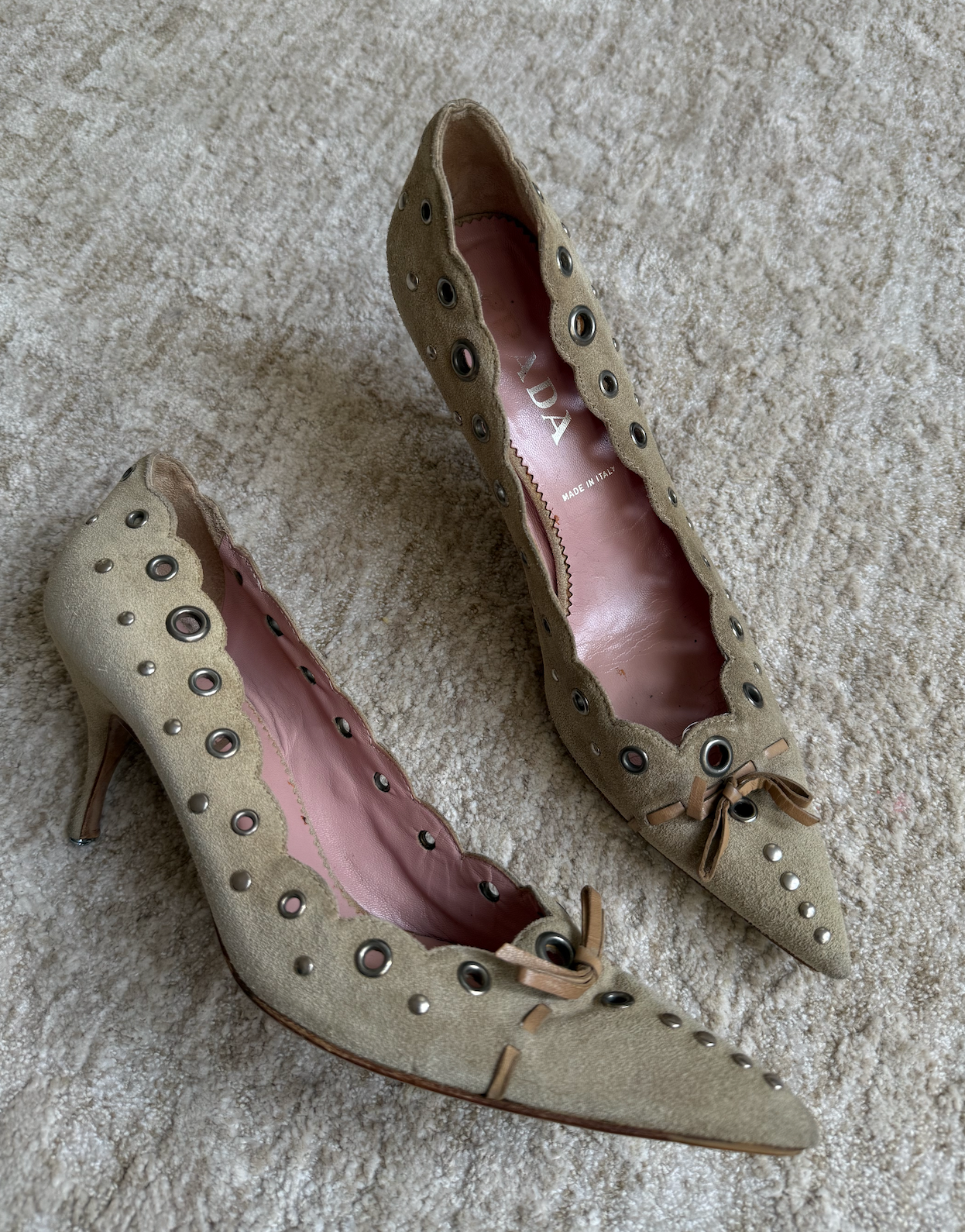 Iconic Prada Suede Eyelet Bow Grommet Beige Mules Size 37.5