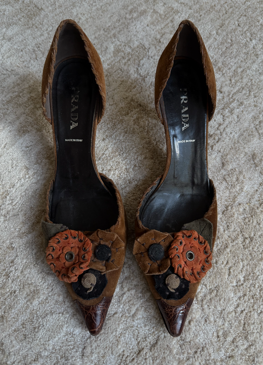 Prada Suede Heels W/ Leather Pointed Toe Size 38