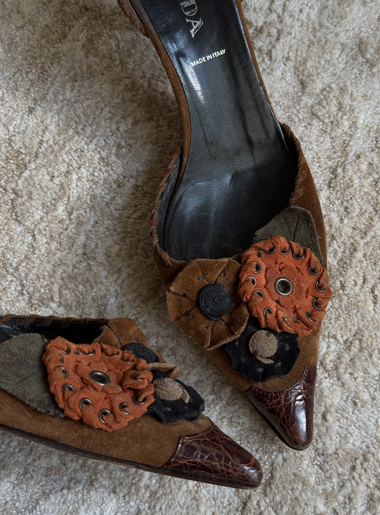 Prada Suede Heels W/ Leather Pointed Toe Size 38