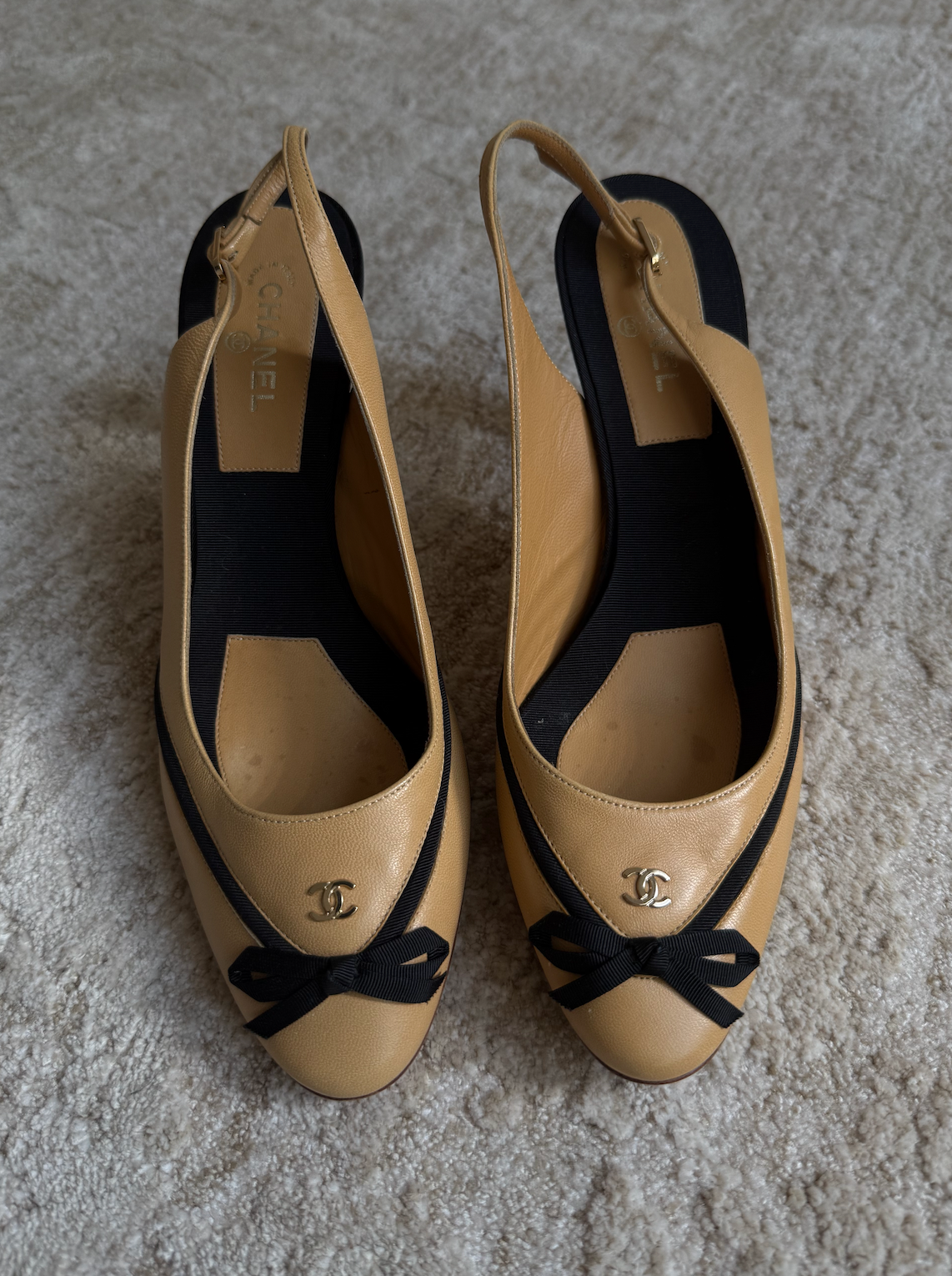 Chanel Nude Heels with Black Bow Size 38