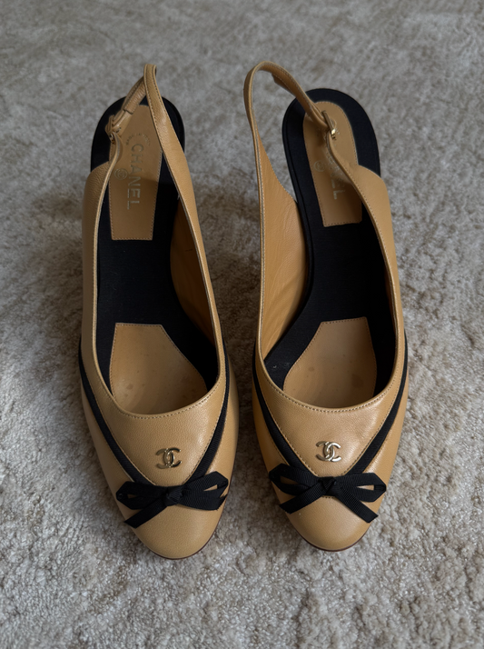 Chanel Nude Heels with Black Bow Size 38