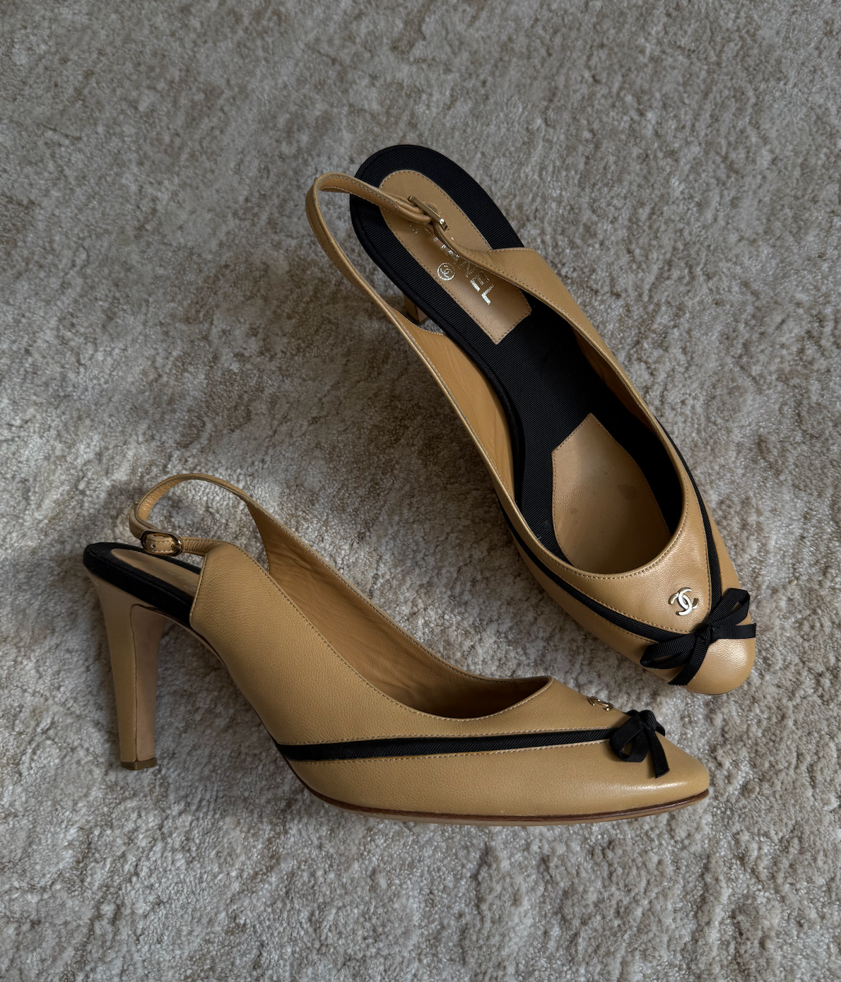 Chanel Nude Heels with Black Bow Size 38