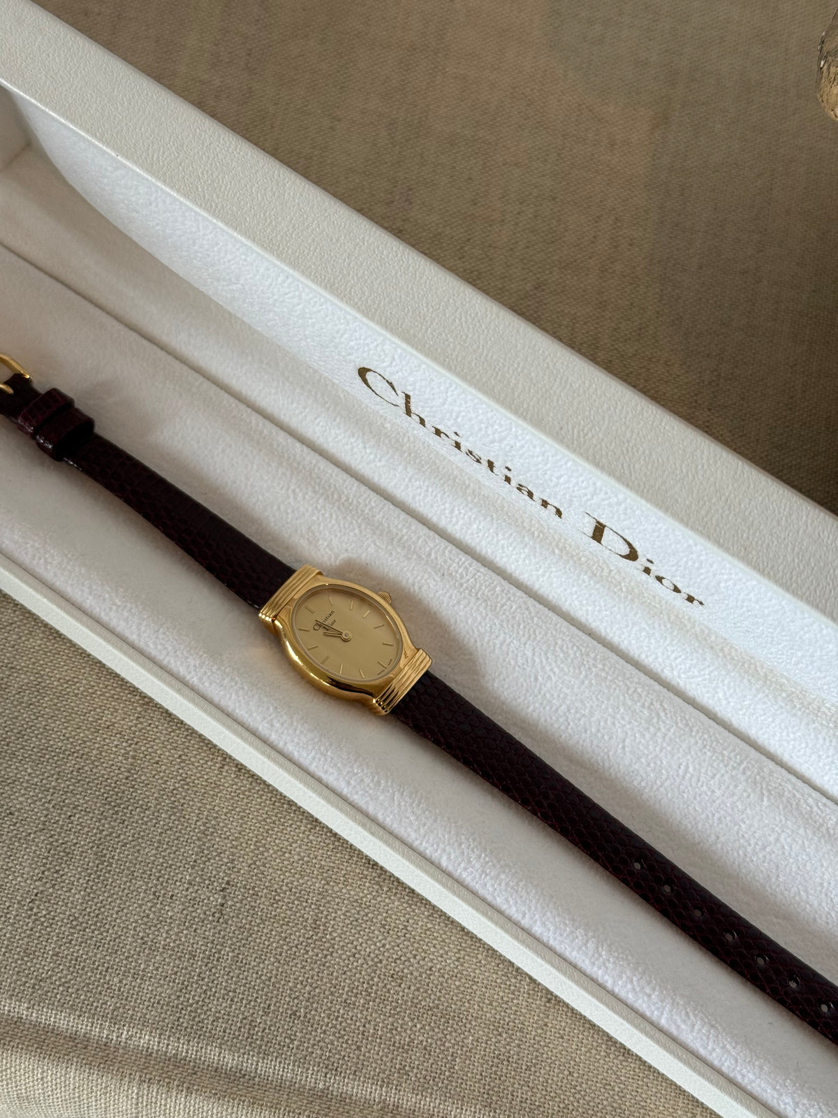 Authentic 1990's Christian Dior Burgundy Leather Strap Watch