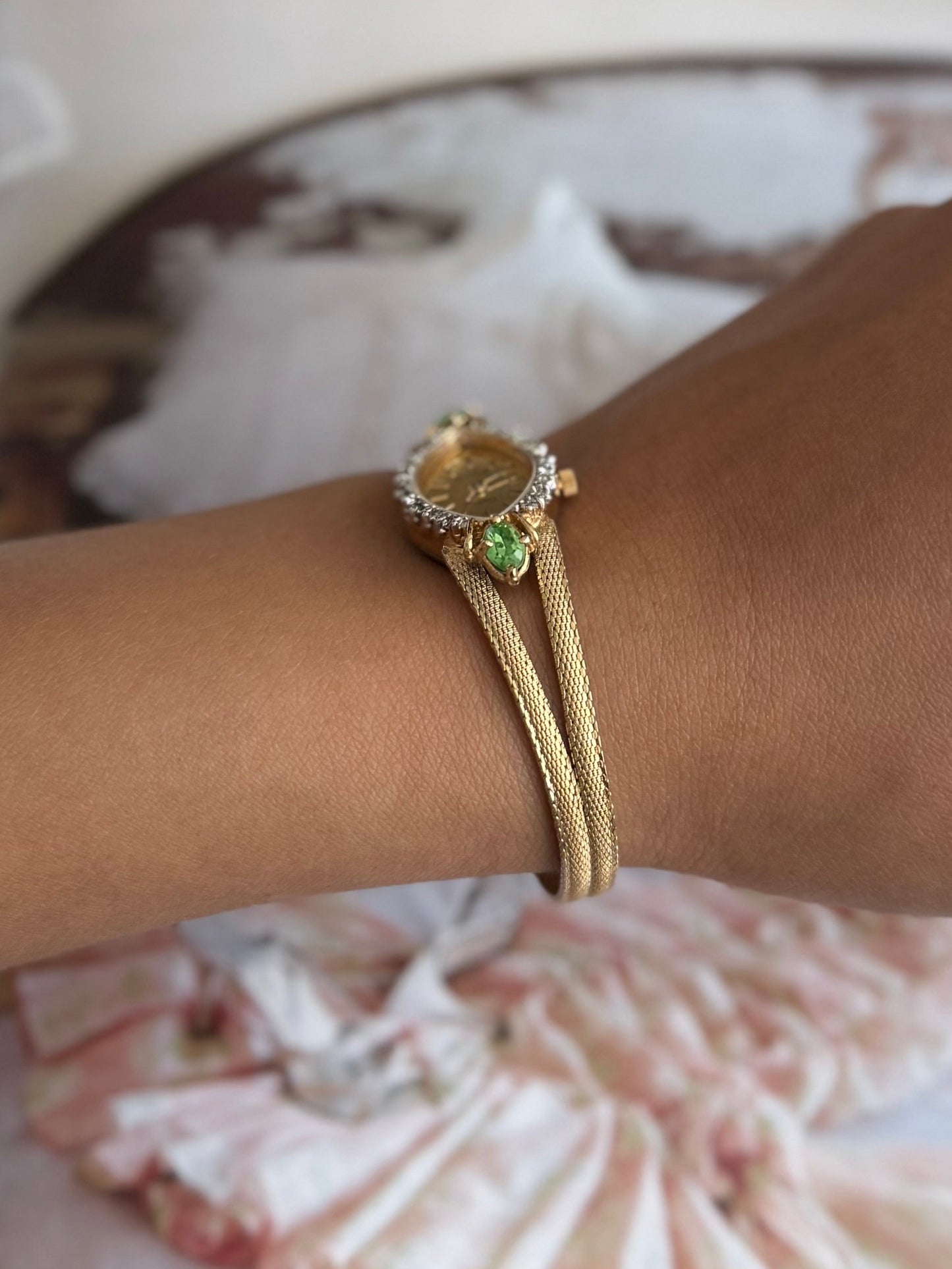 Diamond Bezel Geneva Gold Watch with Emeralds