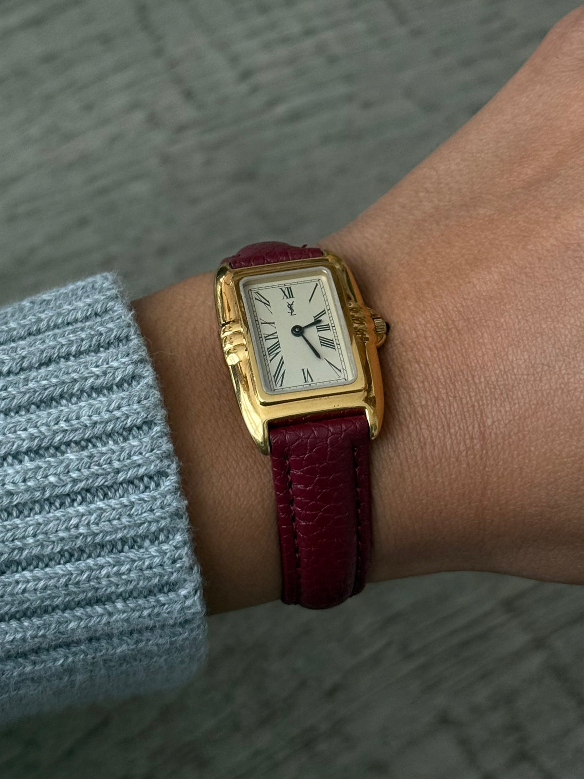 Authentic Maroon Strap Vintage YSL Gold Plated Watch W/ BOX
