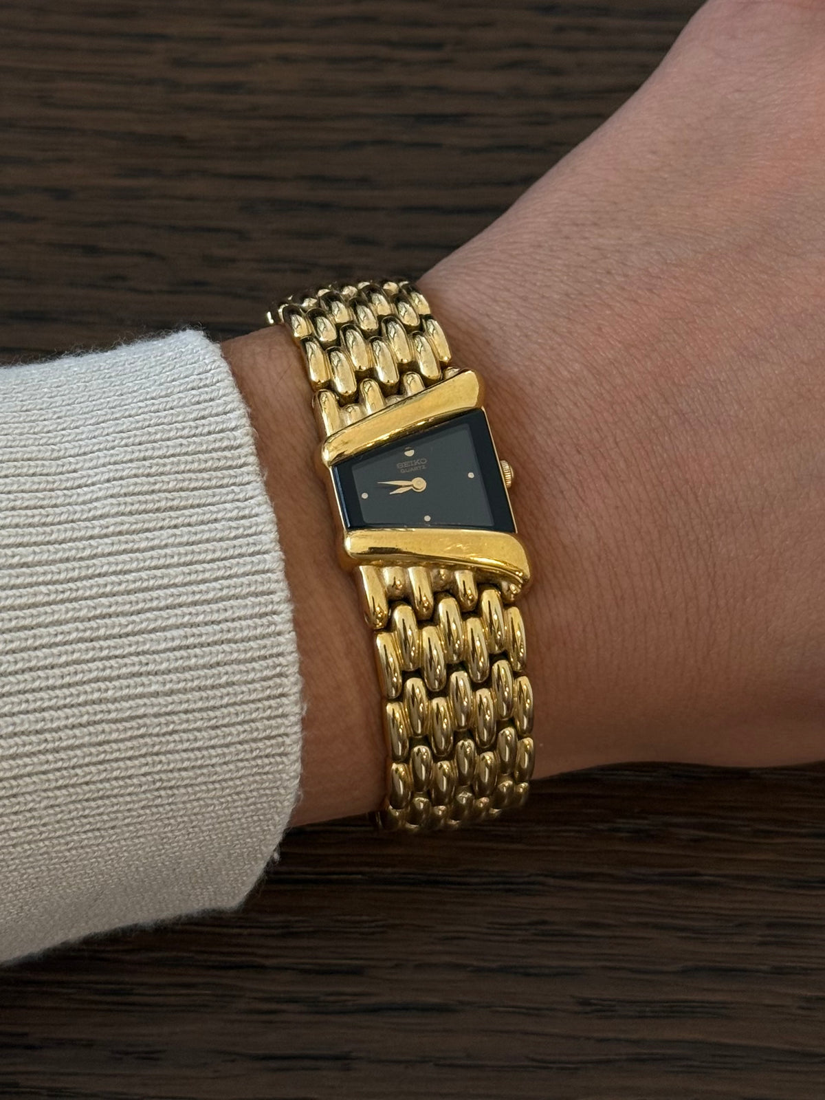 Rare Vintage 18k Gold Plated Black Glass Asymmetrical Seiko Watch