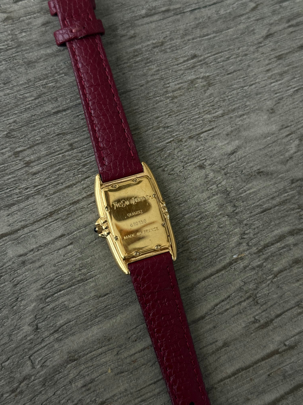 Authentic Maroon Strap Vintage YSL Gold Plated Watch W/ BOX