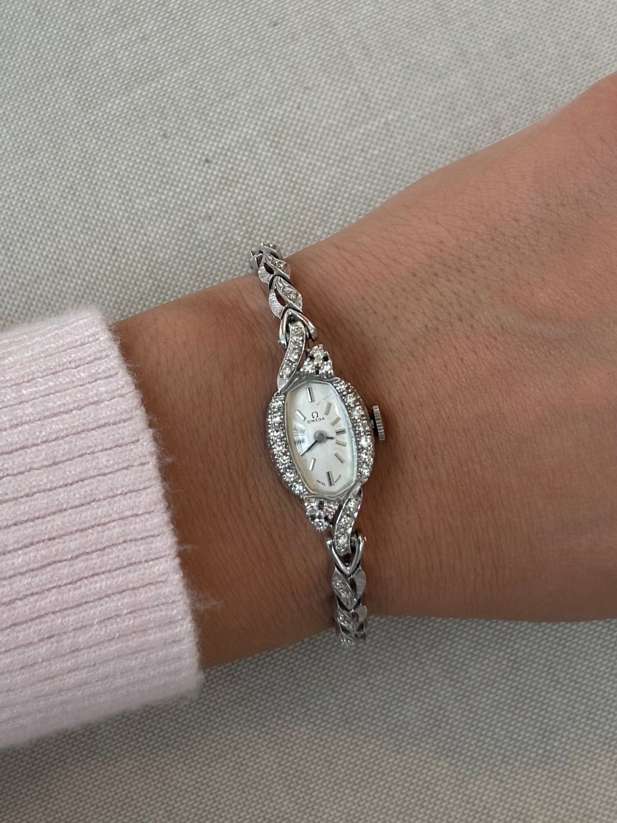 1970's Omega 14k White Gold Watch with Diamond Bezel
