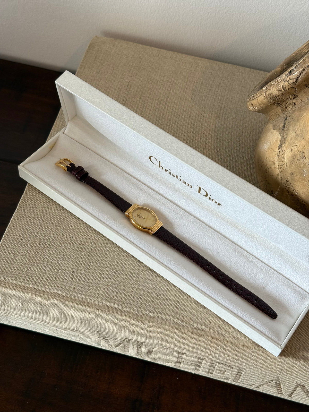 Authentic 1990's Christian Dior Burgundy Leather Strap Watch