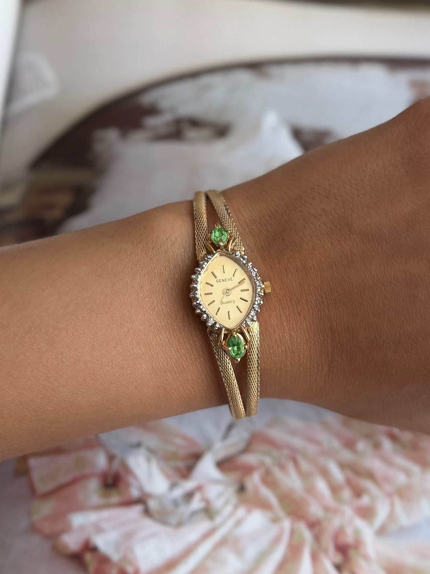 Diamond Bezel Geneva Gold Watch with Emeralds