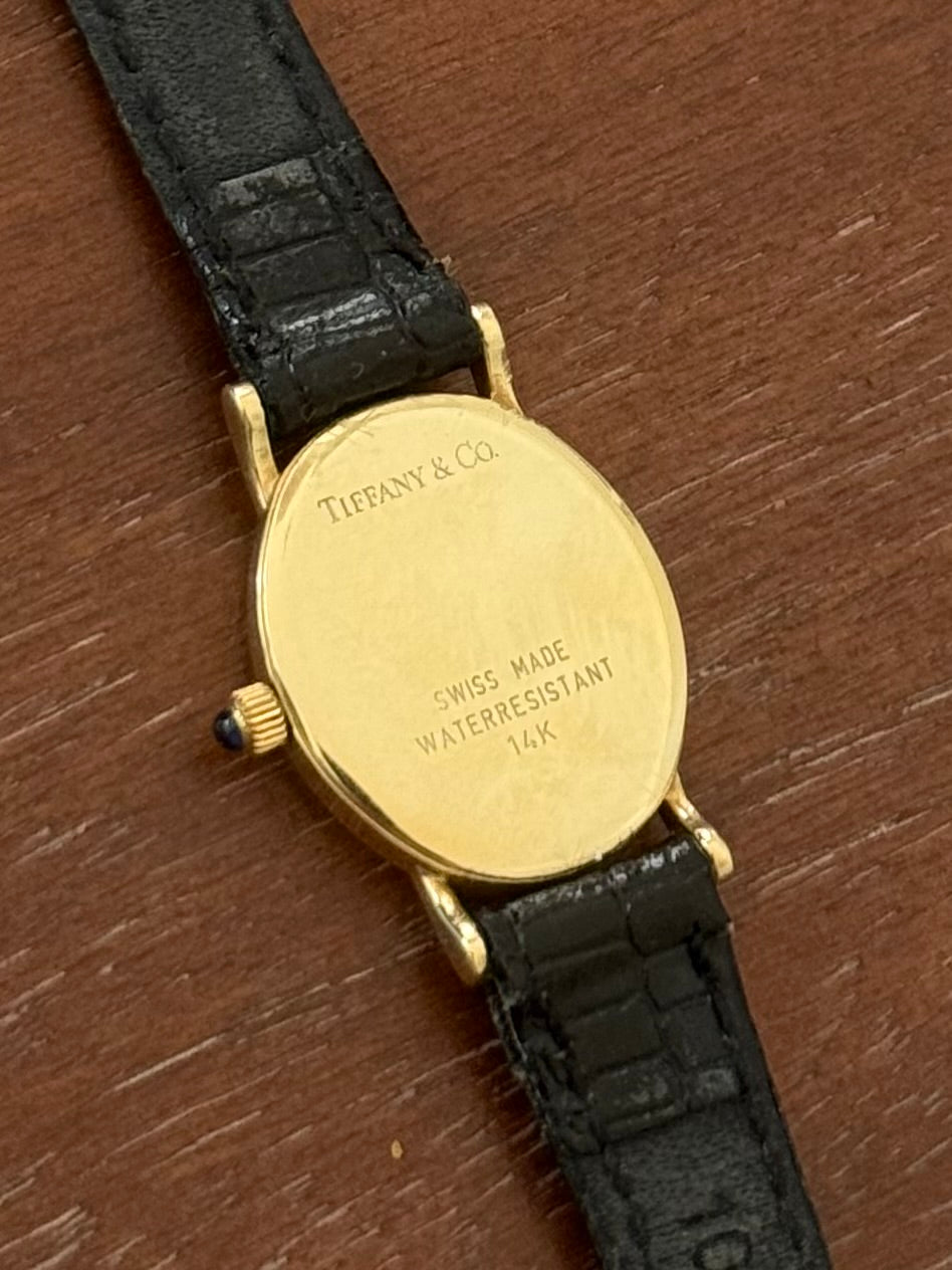 Authentic Tiffany & Co. 14K Watch with Black Leather Band w/ Box, photo 4