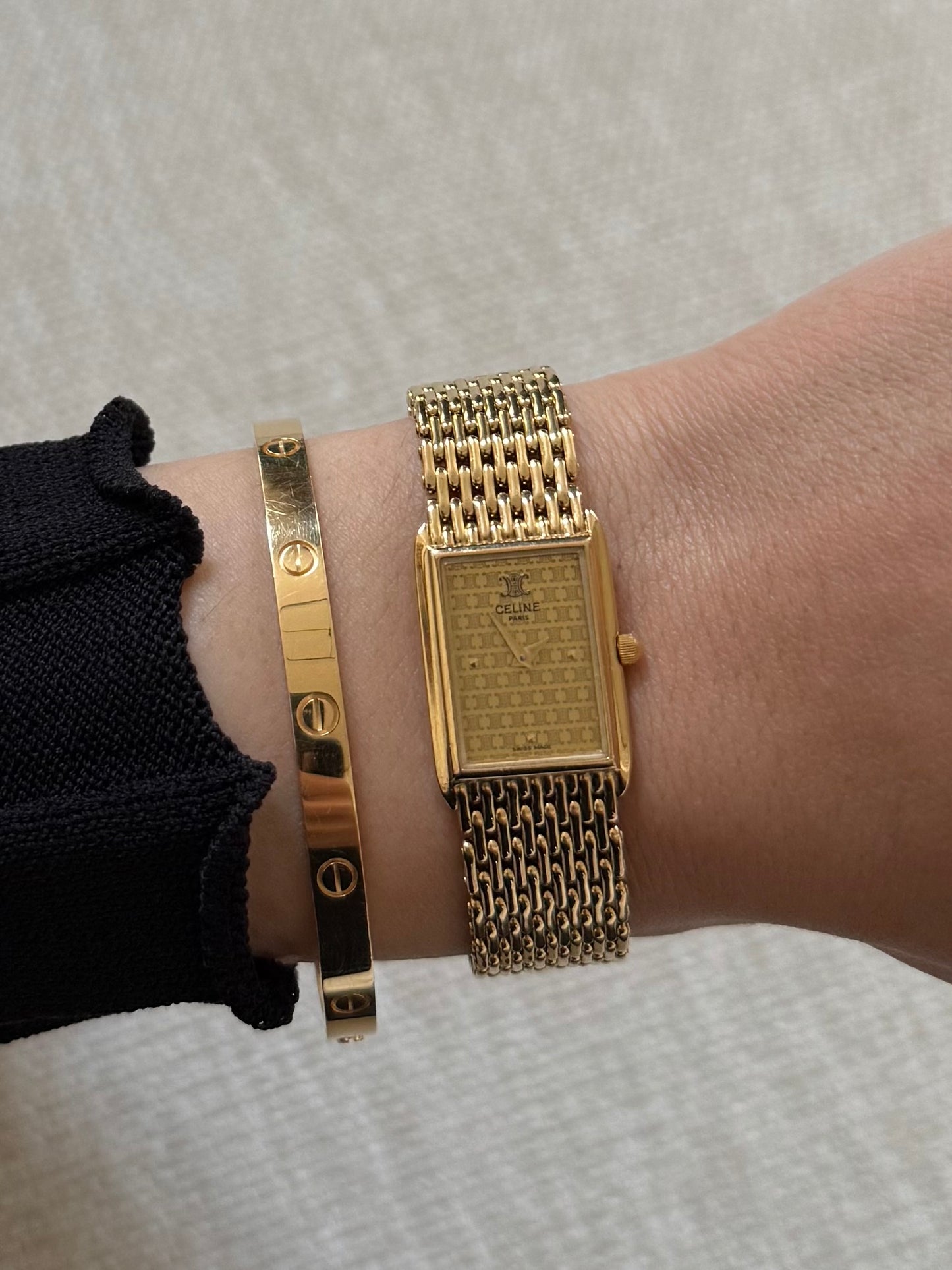 Rare 18k Gold Vintage CELINE Triomphe Square Watch with Mesh Bracelet