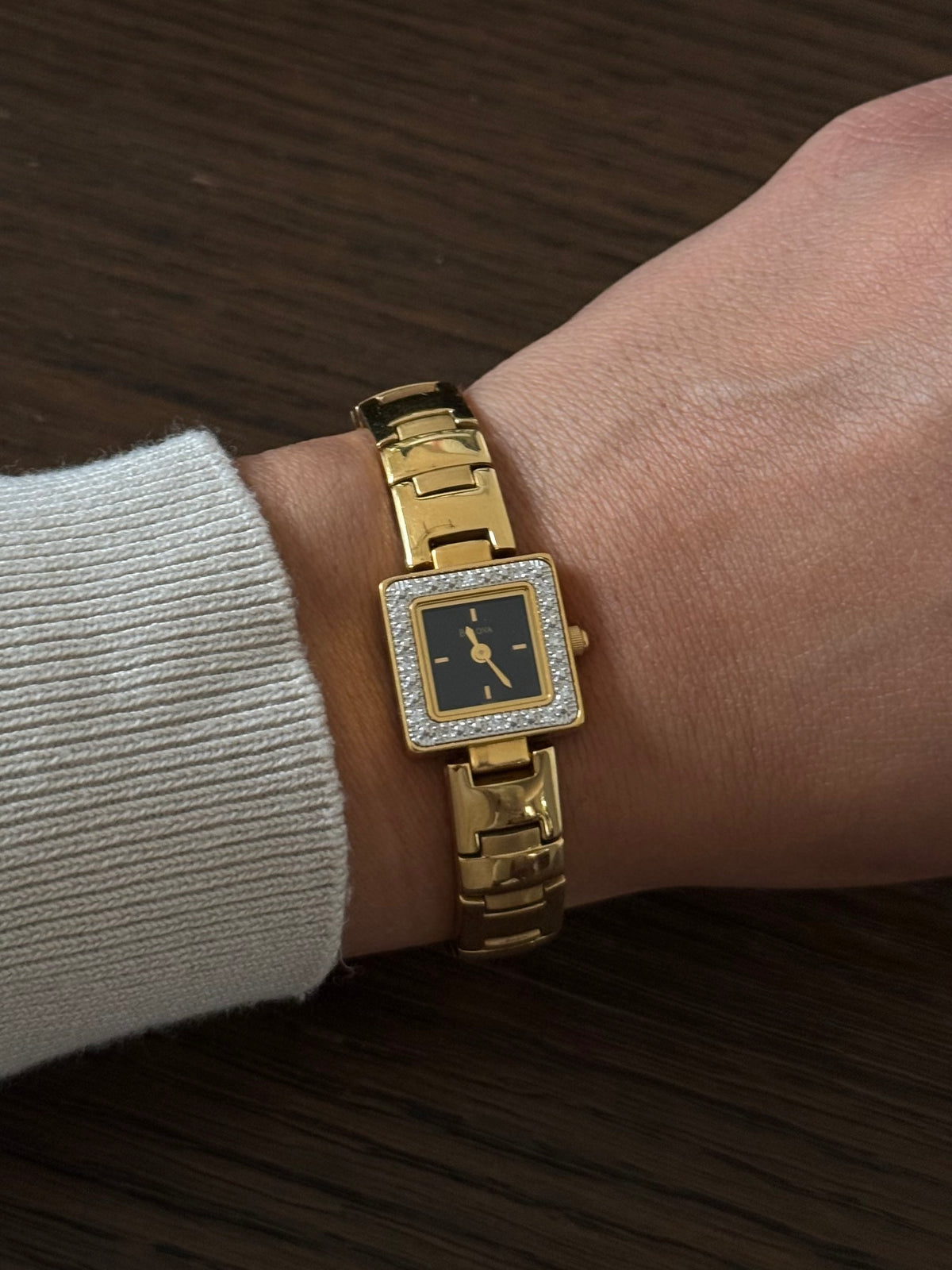 Bulova Square Face Dark Dial Watch with 12 Diamonds