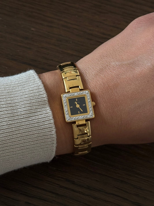 Bulova Square Face Dark Dial Watch with 12 Diamonds