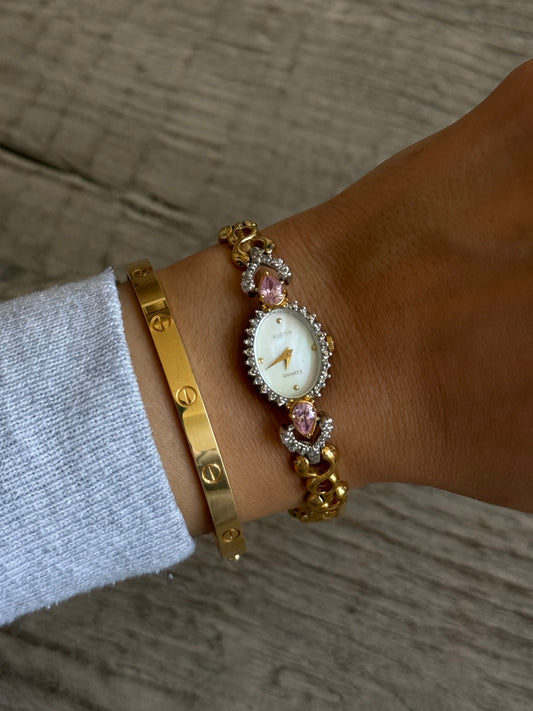 Rare 1970's Dainty Swiss Watch with Genuine Diamond & Pink Tourmaline