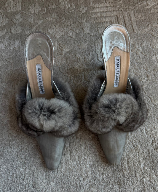 Manolo Blahnik Fur Trim Mules Size 7