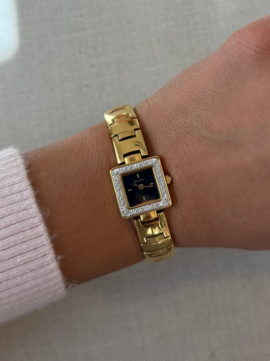 Bulova Square Face Dark Dial Watch with 12 Diamonds