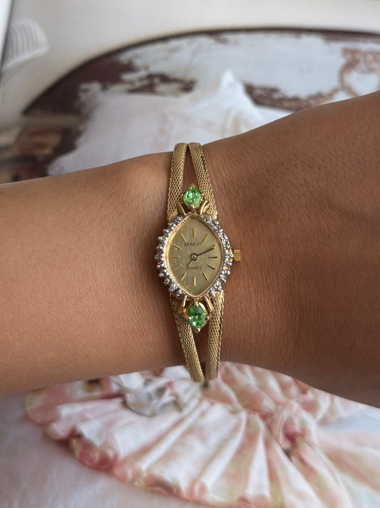 Diamond Bezel Geneva Gold Watch with Emeralds