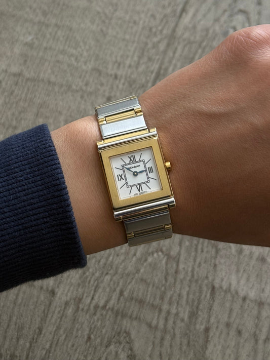 Authentic Yves Saint Laurent 1990s Square Dial Two Tone Watch