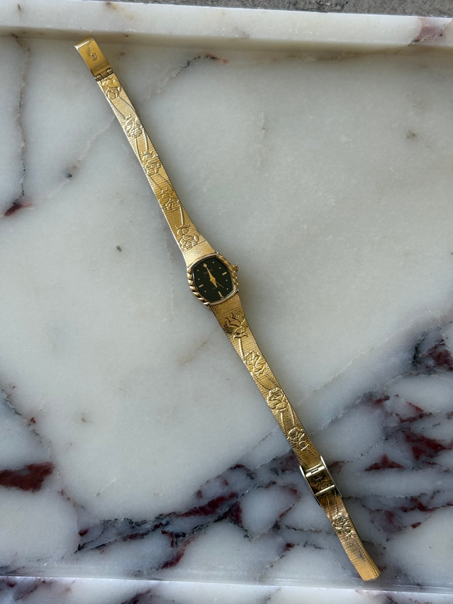 RARE Gold Toned Flower Elgin Watch Dark Dial