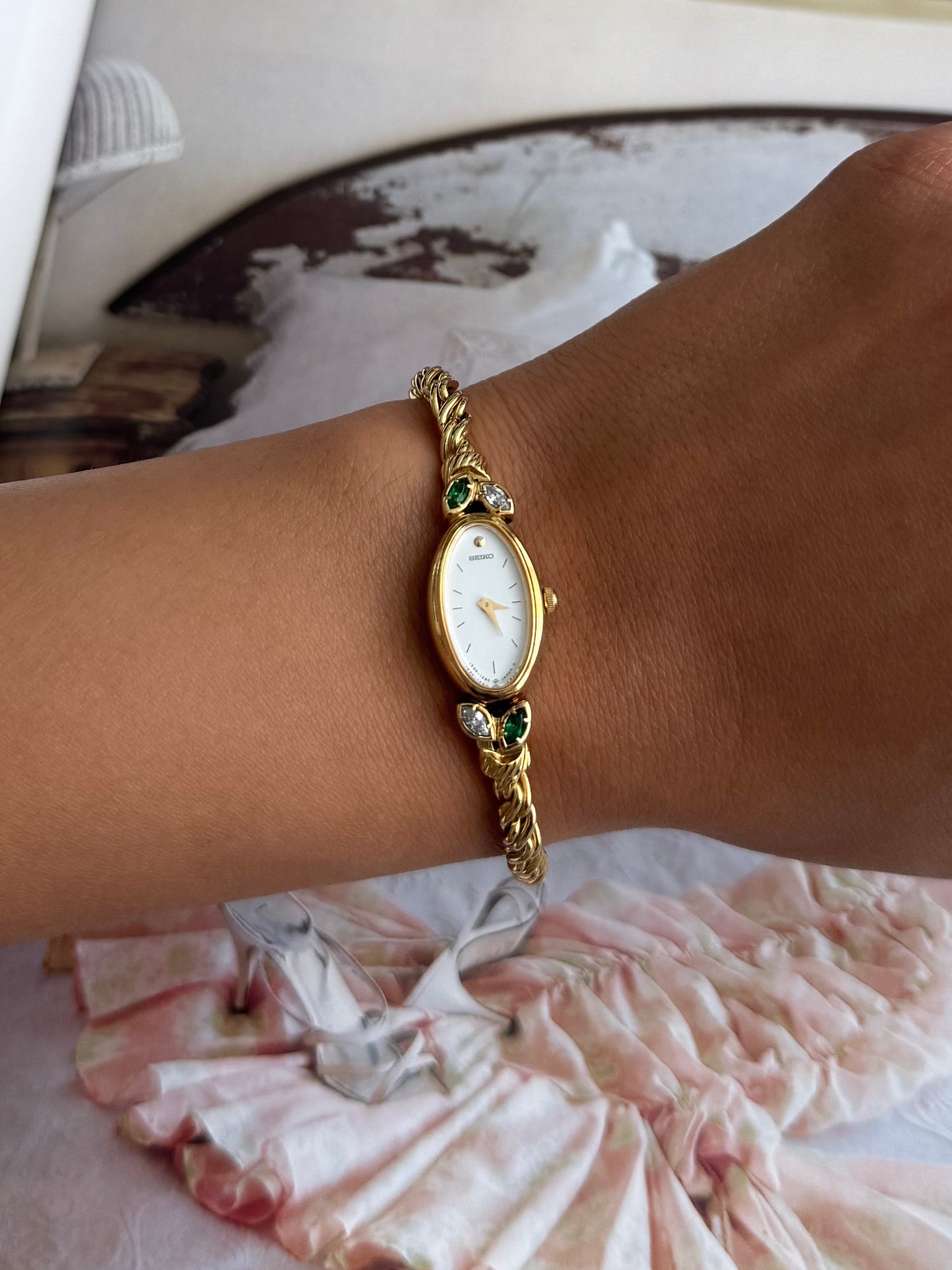 Dainty Seiko Watch w/ Emeralds
