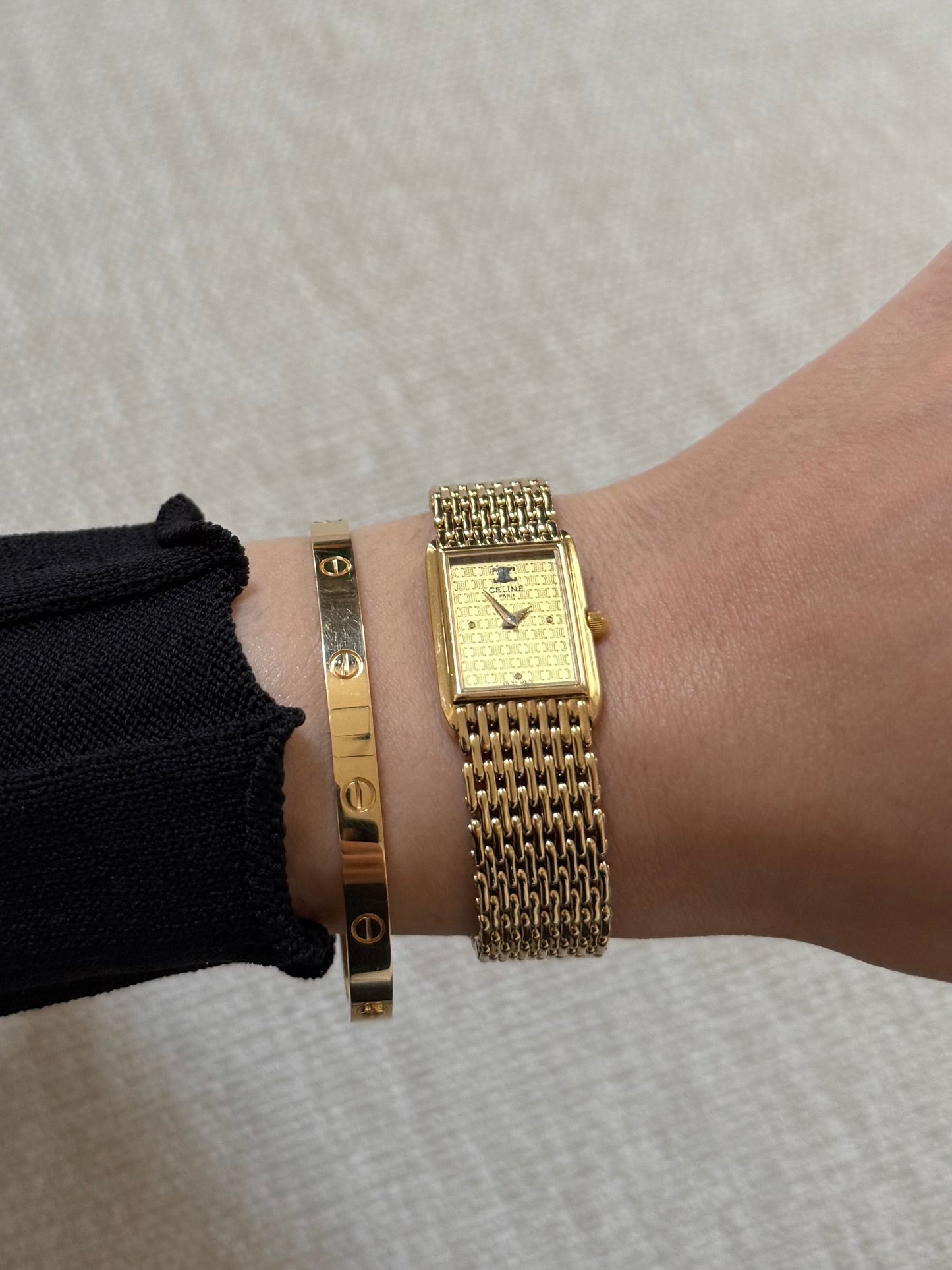 Rare 18k Gold Vintage CELINE Triomphe Square Watch with Mesh Bracelet