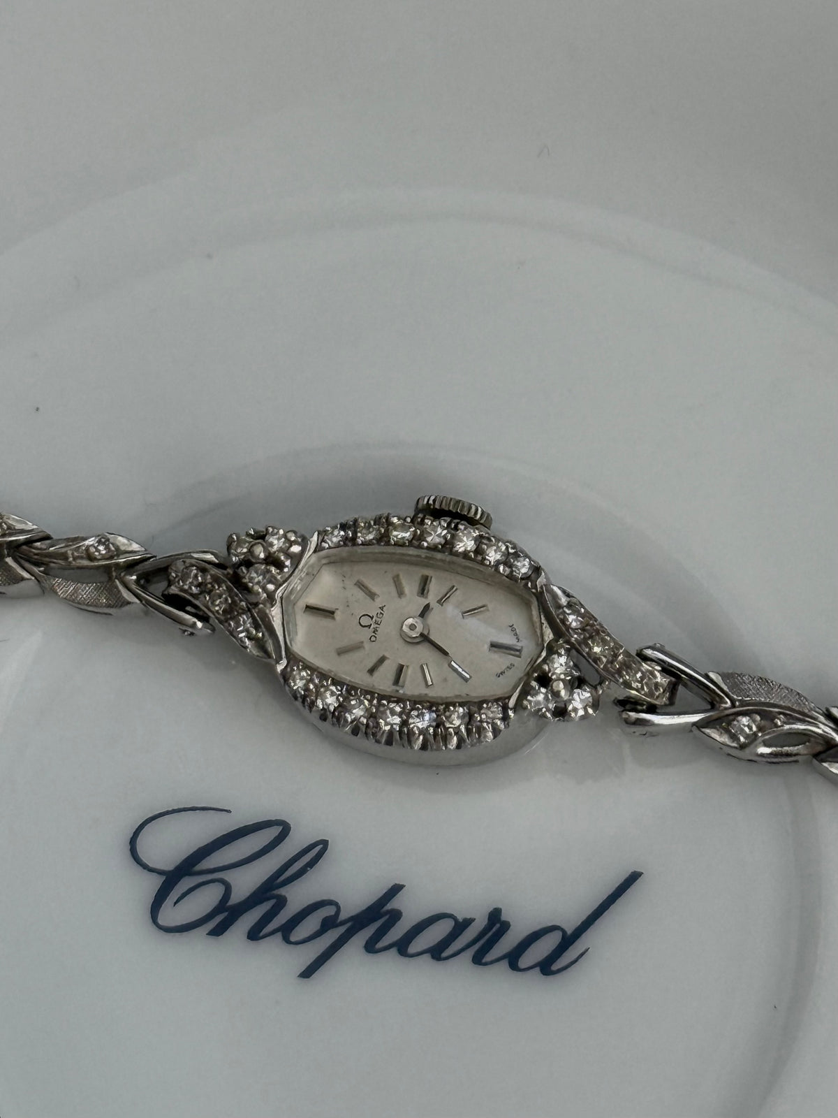 1970's Omega 14k White Gold Watch with Diamond Bezel