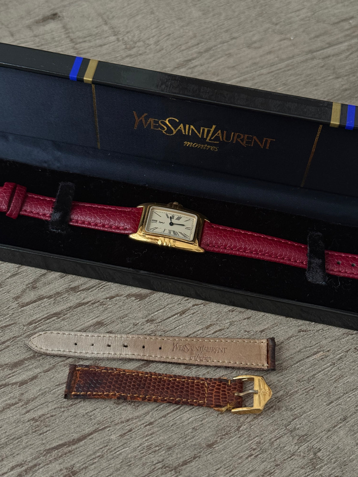 Authentic Maroon Strap Vintage YSL Gold Plated Watch W/ BOX
