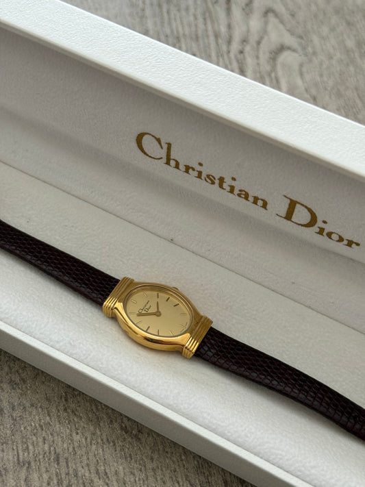 Authentic 1990's Christian Dior Brown Leather Strap Watch