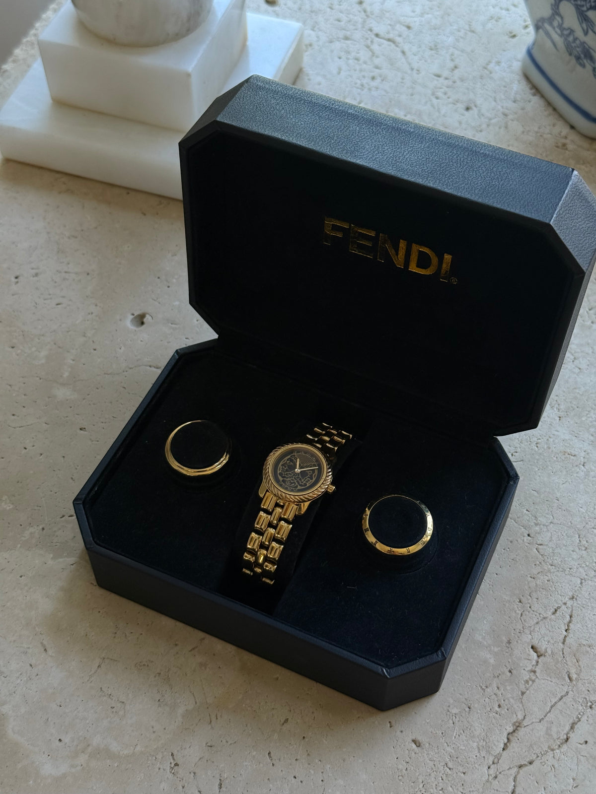 Authentic ULTRA RARE 18k Gold Plated Fendi 850L Roman Double Face Watch SET (With Original Box & 3 Interchangeable Bezels)