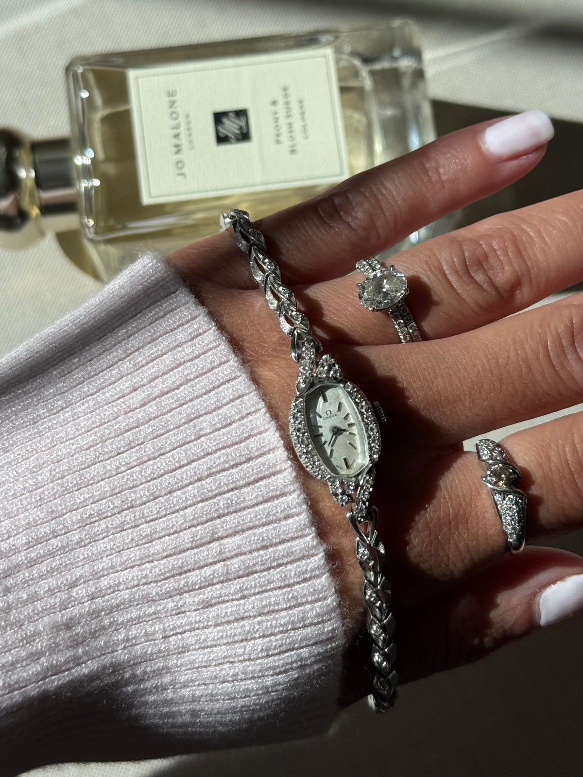 1970's Omega 14k White Gold Watch with Diamond Bezel