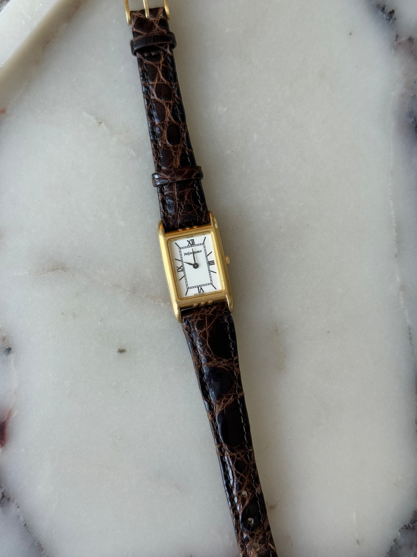 Authentic Brown Strap Vintage YSL Gold Plated Watch W/ BOX