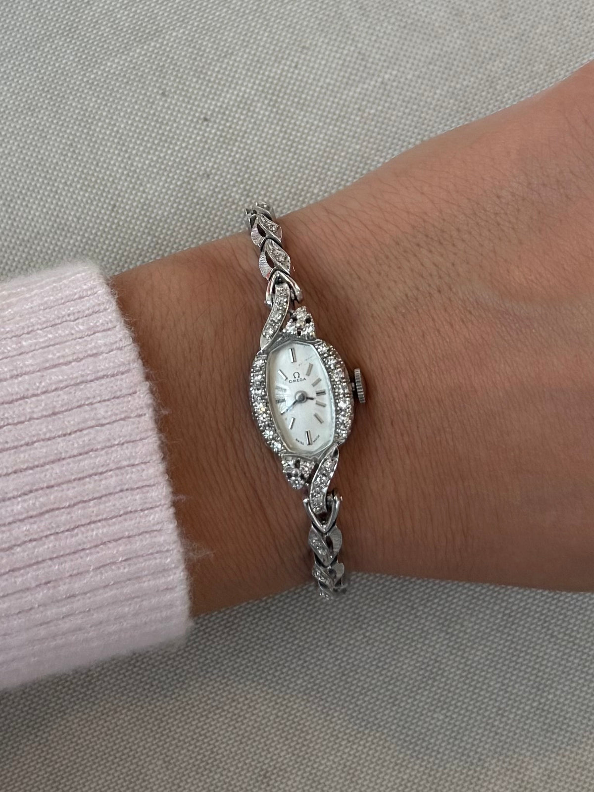 1970's Omega 14k White Gold Watch with Diamond Bezel