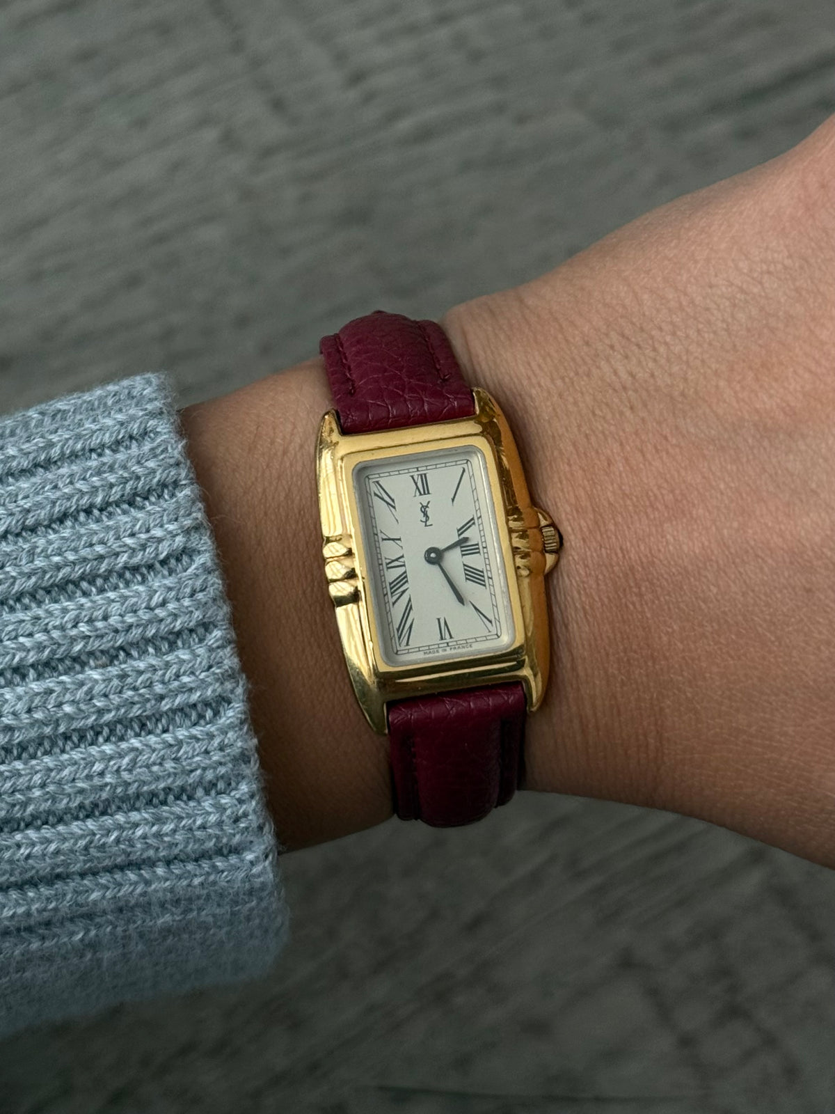 Authentic Maroon Strap Vintage YSL Gold Plated Watch W/ BOX