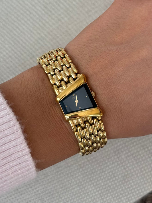 Rare Vintage 18k Gold Plated Black Glass Asymmetrical Seiko Watch