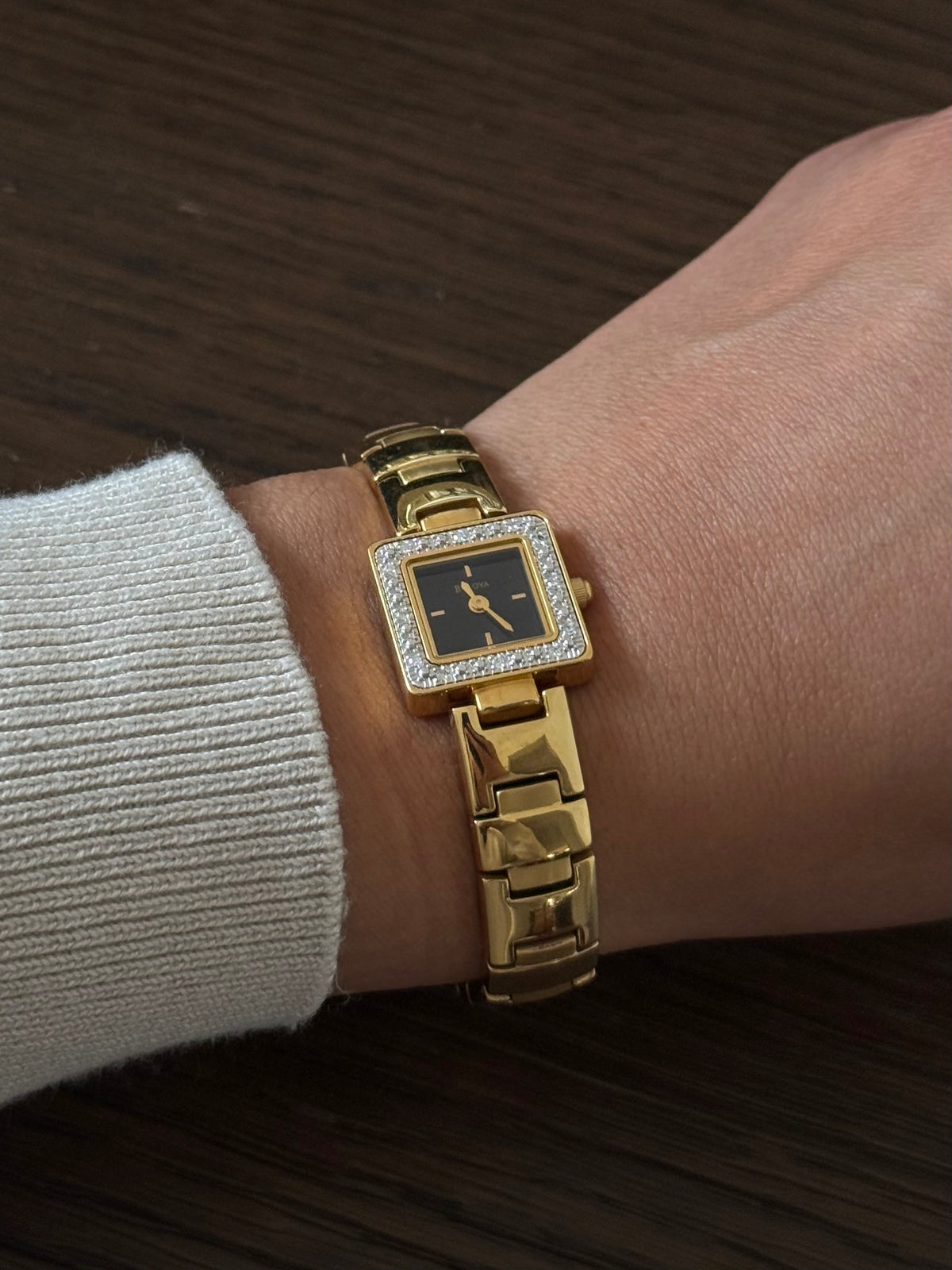 Bulova Square Face Dark Dial Watch with 12 Diamonds