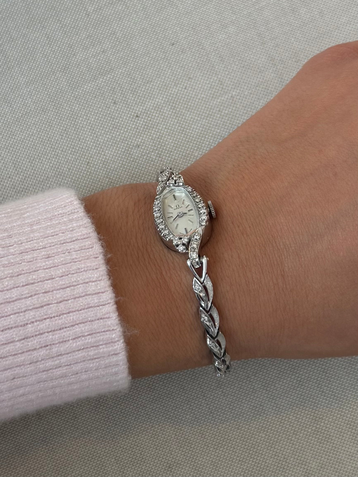 1970's Omega 14k White Gold Watch with Diamond Bezel
