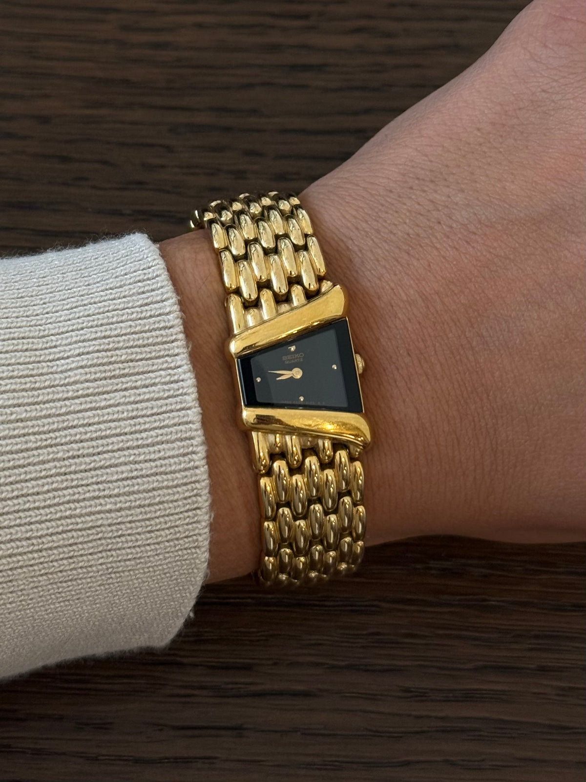 Rare Vintage 18k Gold Plated Black Glass Asymmetrical Seiko Watch