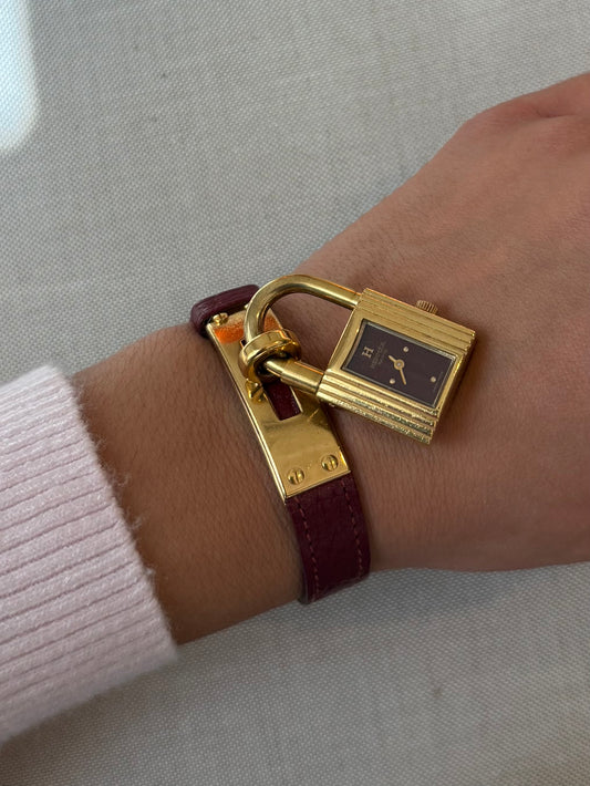 Authentic Vintage 1998 HERMES Kelly Cadena Burgundy Calf Skin Watch