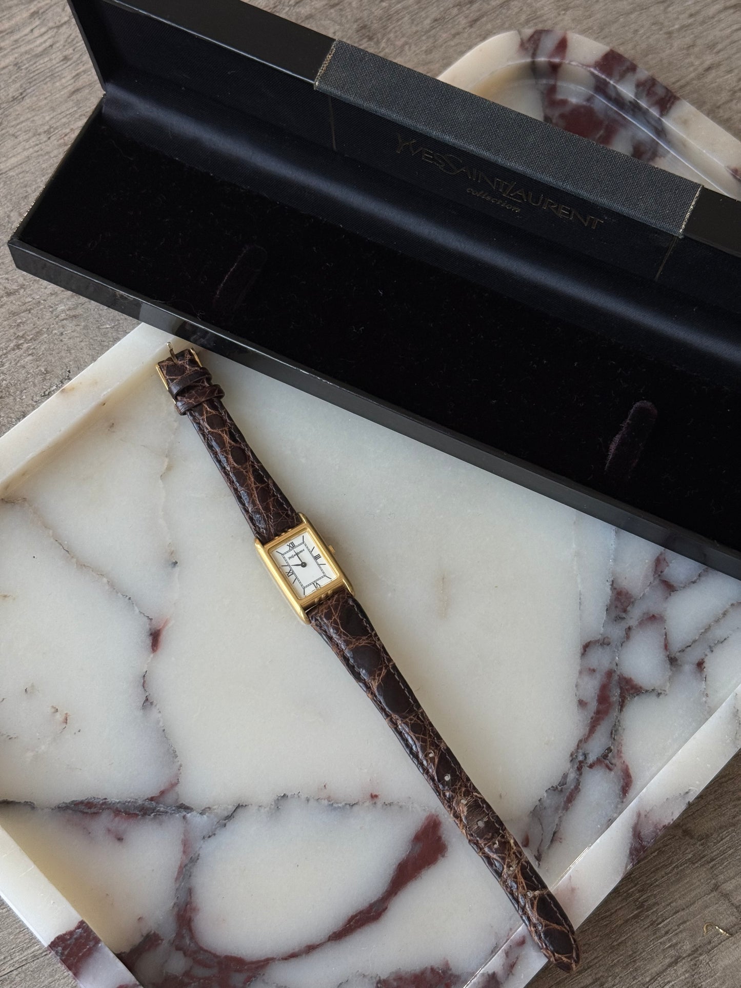 Authentic Brown Strap Vintage YSL Gold Plated Watch W/ BOX