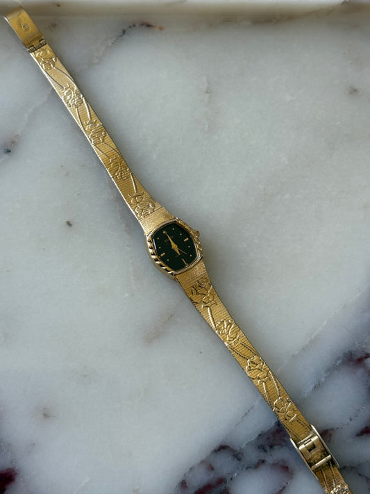 RARE Gold Toned Flower Elgin Watch Dark Dial