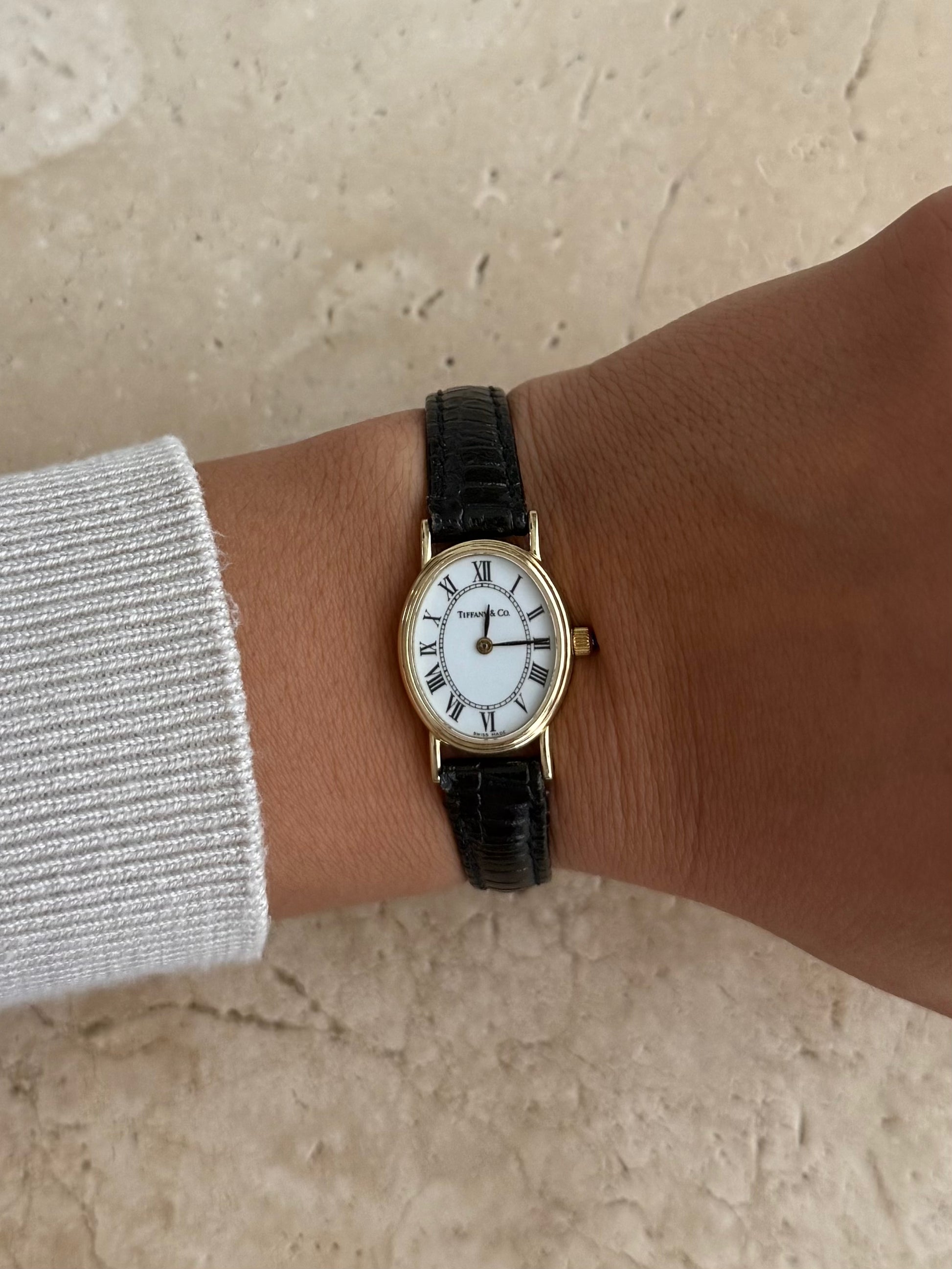 Authentic Tiffany & Co. 14K Watch with Black Leather Band w/ Box